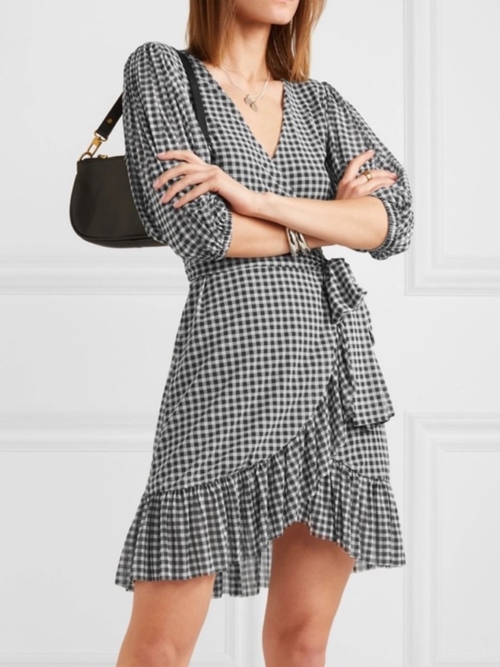 Ganni Ruffle-Trimmed Gingham Stretch Mesh Mini Wrap Dress Size 4